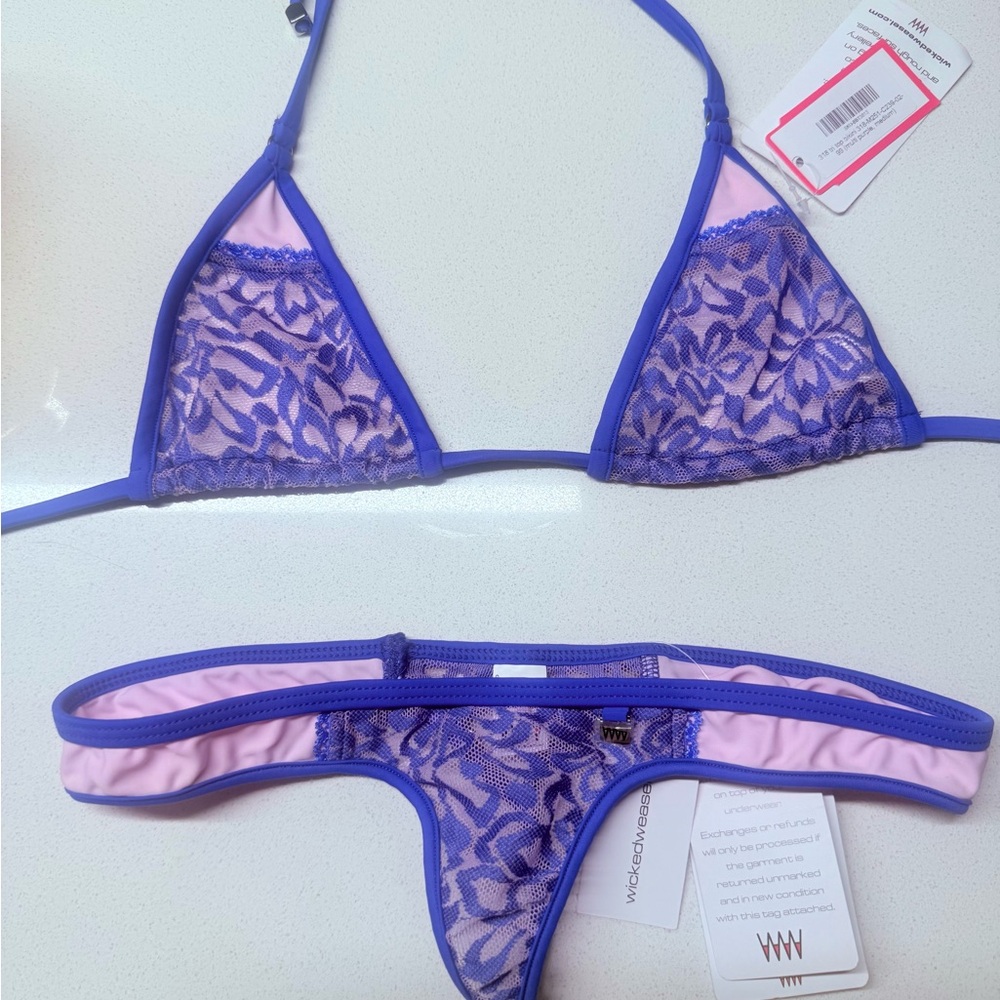 Wicked Weasel Purple and Pink Lace Thong Bikini Set